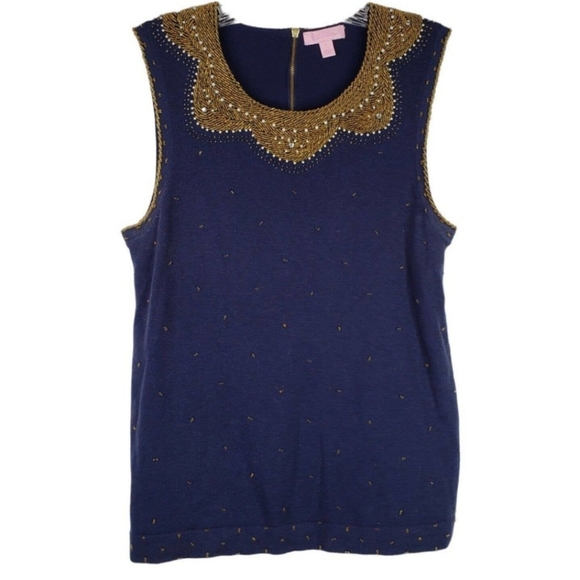 Lilly Pulitzer Navy Top With Gold Beading, Size Large - Picture 1 of 8